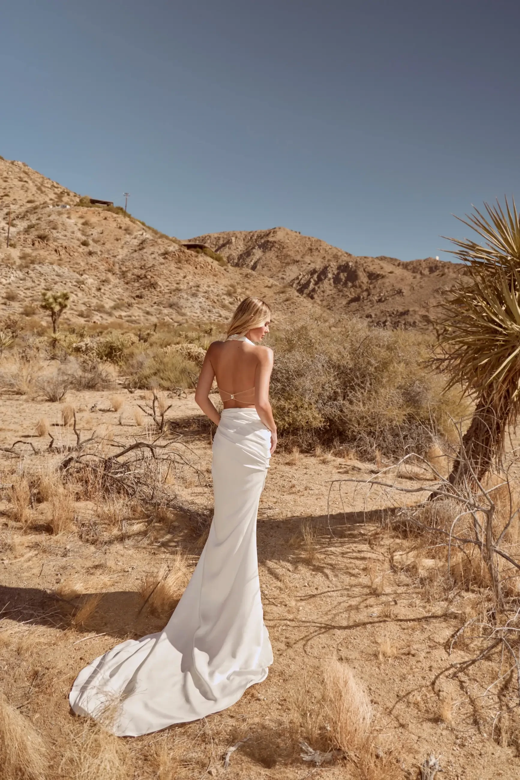 A woman with long hair wearing a white dress poses outdoors in a desert-like setting.