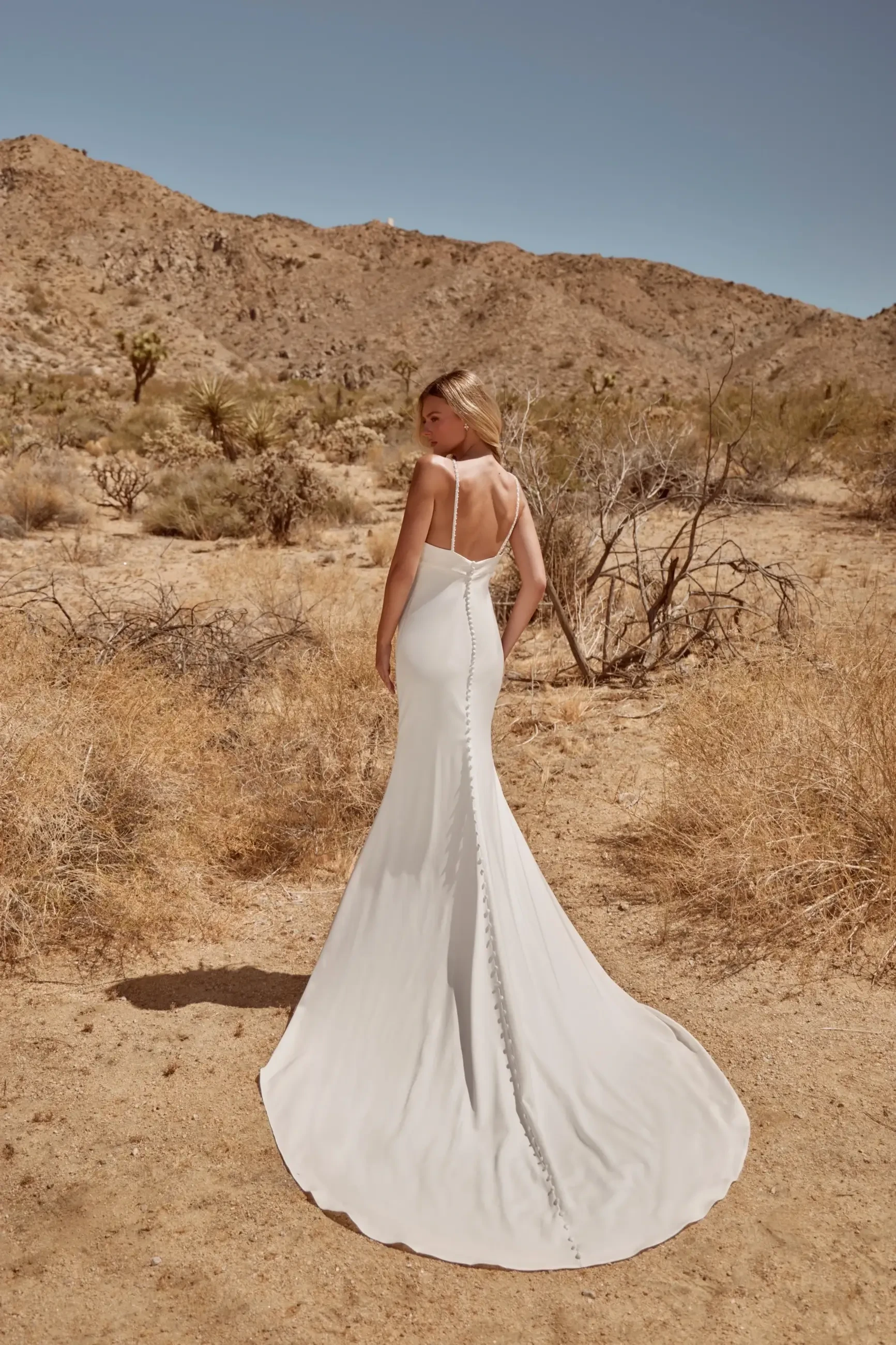 A woman wearing a sleek white dress stands in a desert landscape, with her back to the camera, showcasing the dress's elegant design and long train.