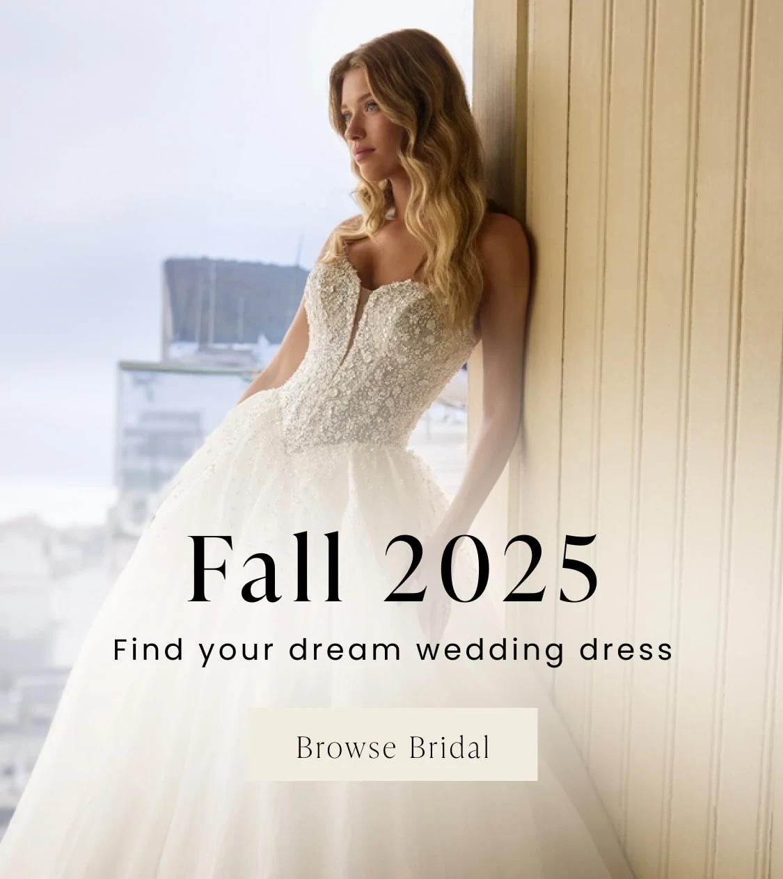 Model wearing Sophia Tolli Bridal gown, moible banner