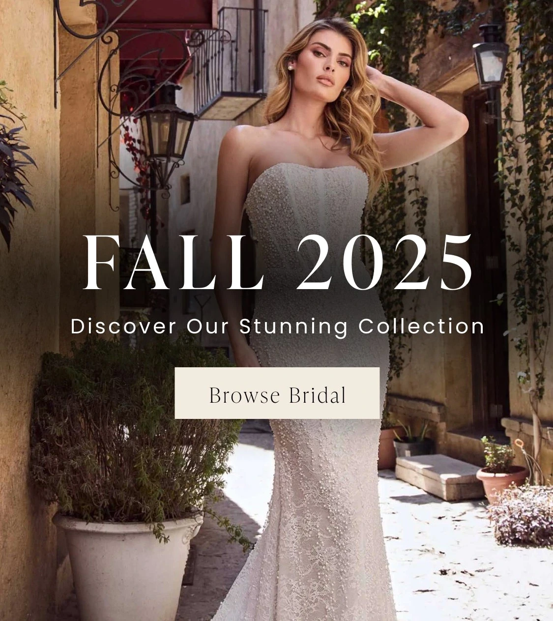 Model wearing Calla Blanche bridal gown, mobile banner