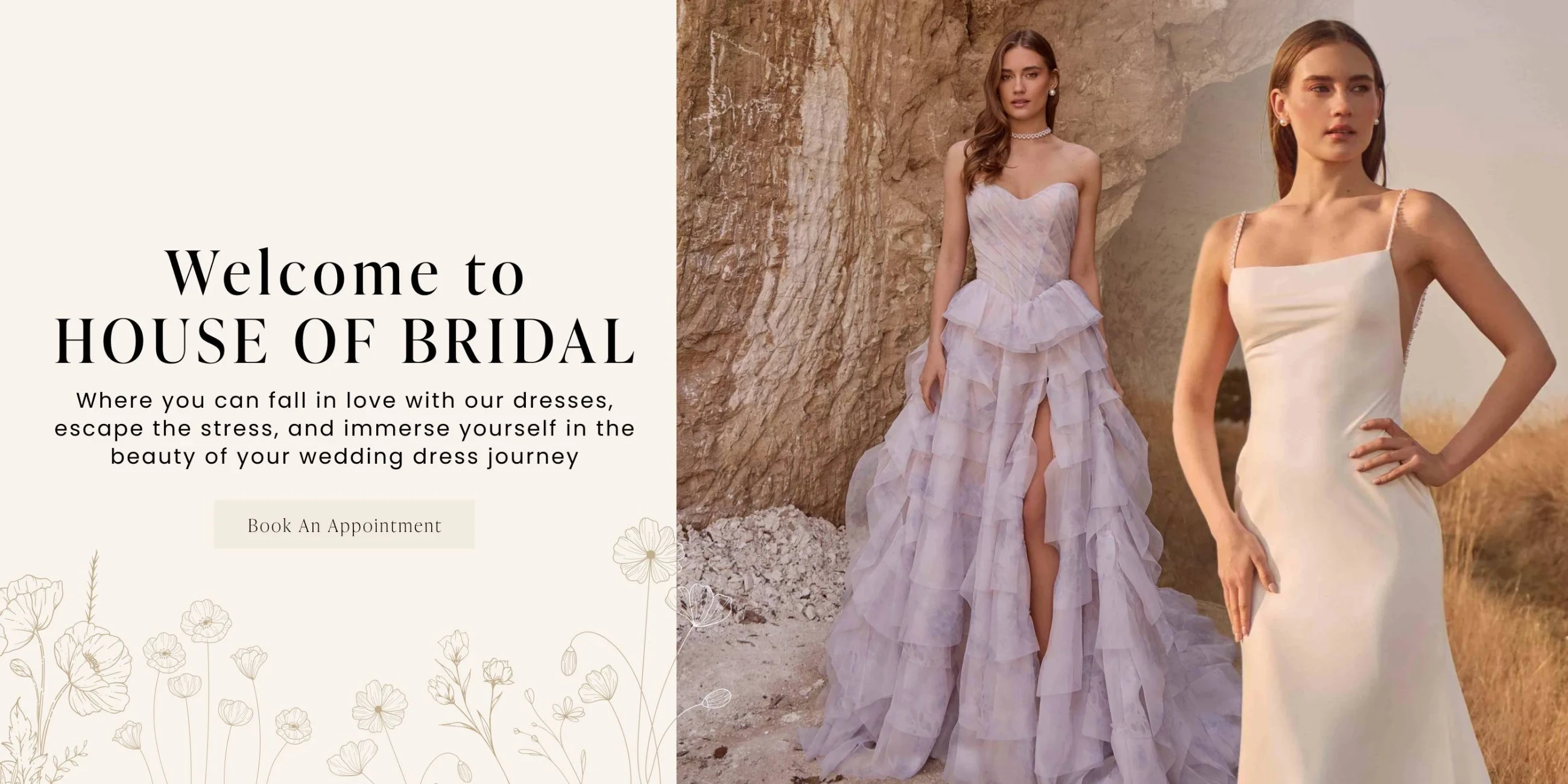 Models wearing La Perle bridal gowns, desktop banner