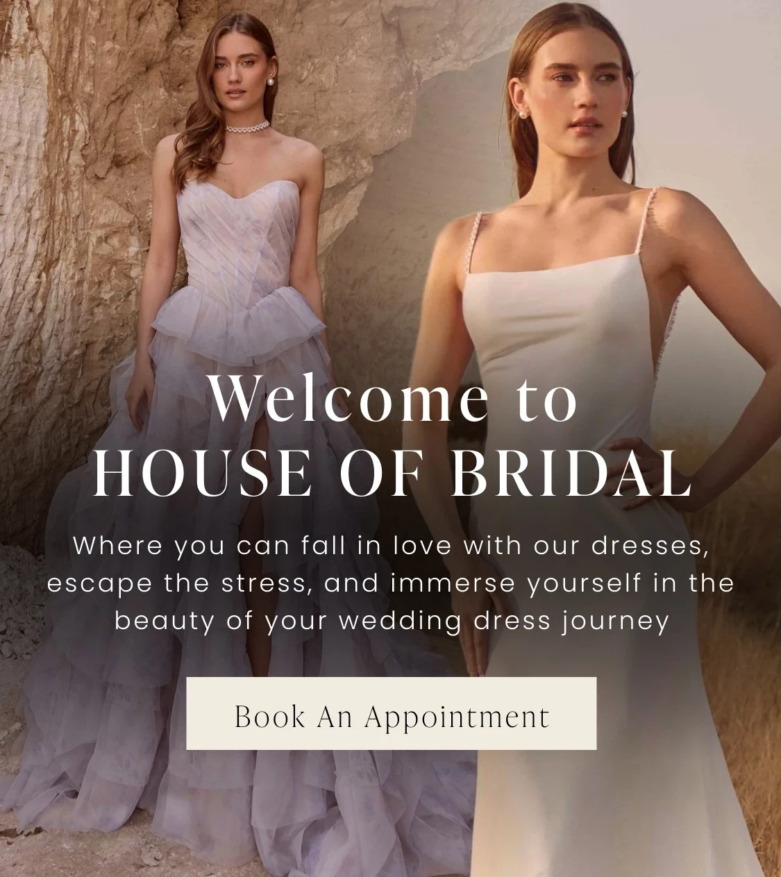 Models wearing La Perle bridal gowns, mobile banner