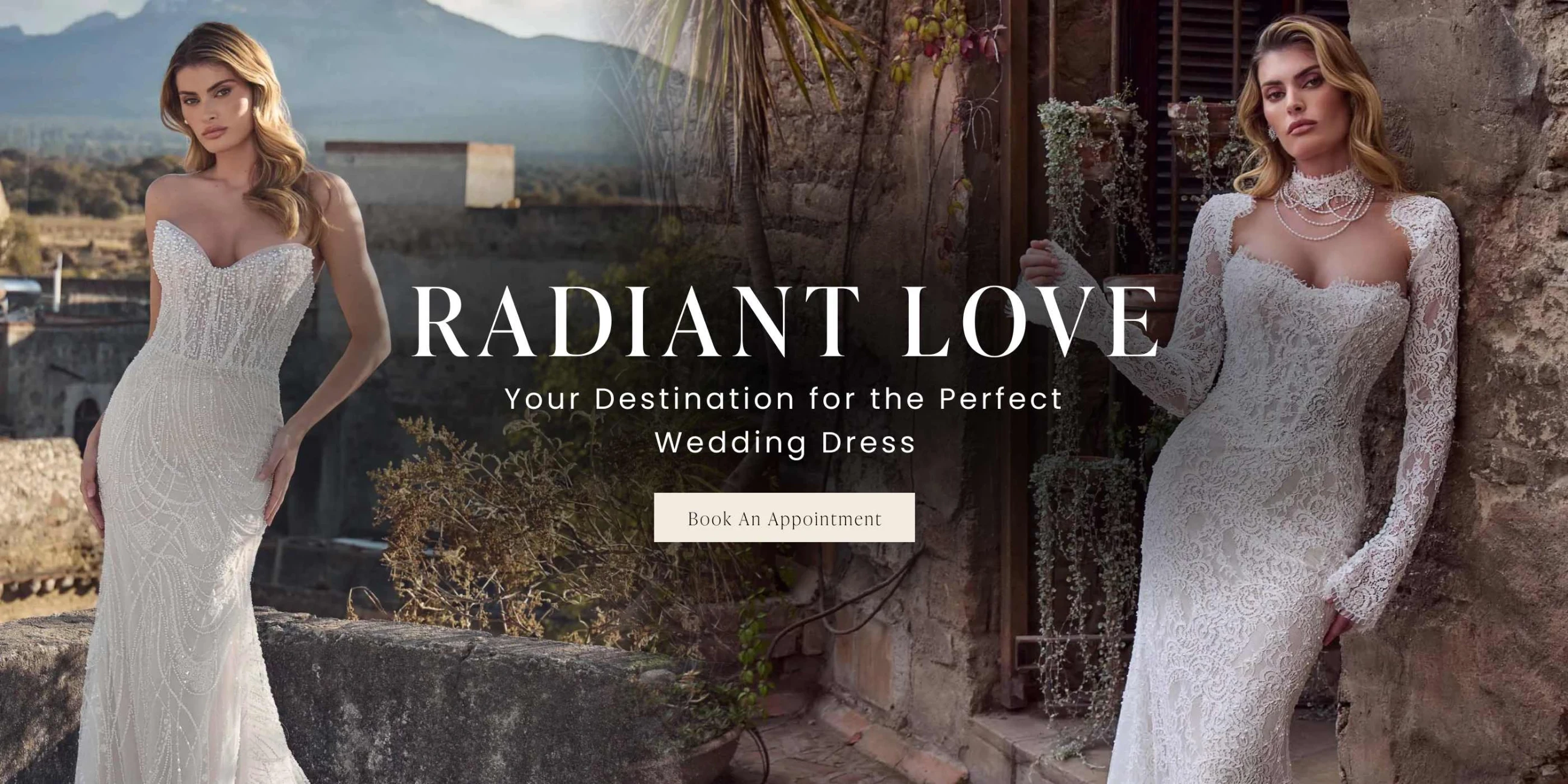 Models wearing Calla Blanche bridal gowns, desktop banner