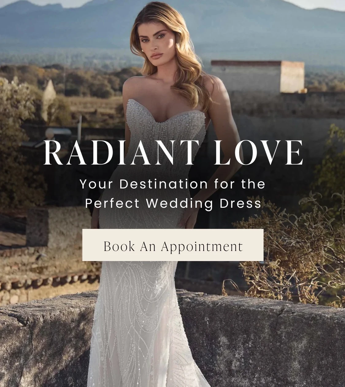 Model wearing Calla Blanche bridal gown, mobile banner