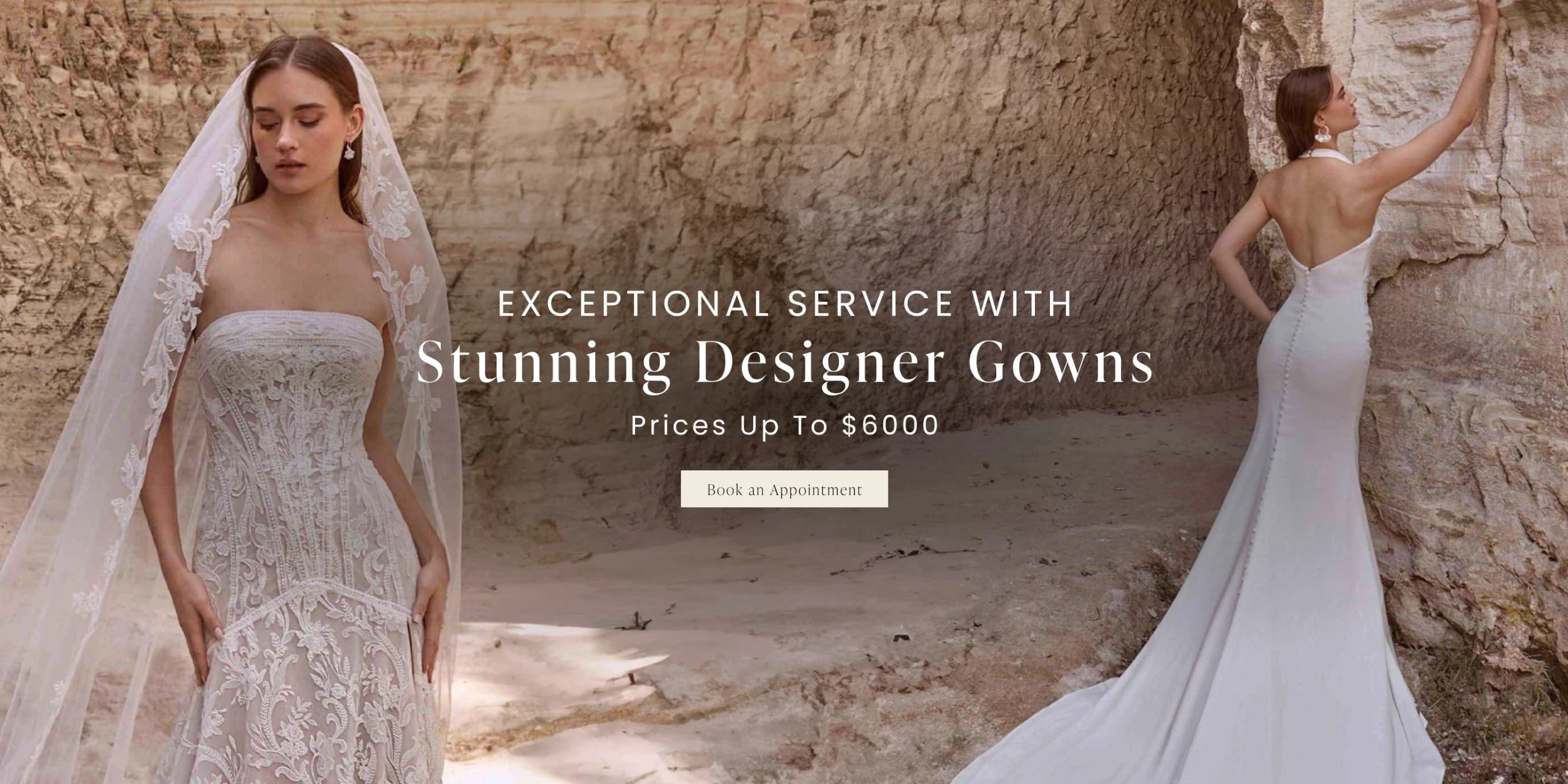 Models wearing La Perle bridal gowns, desktop banner