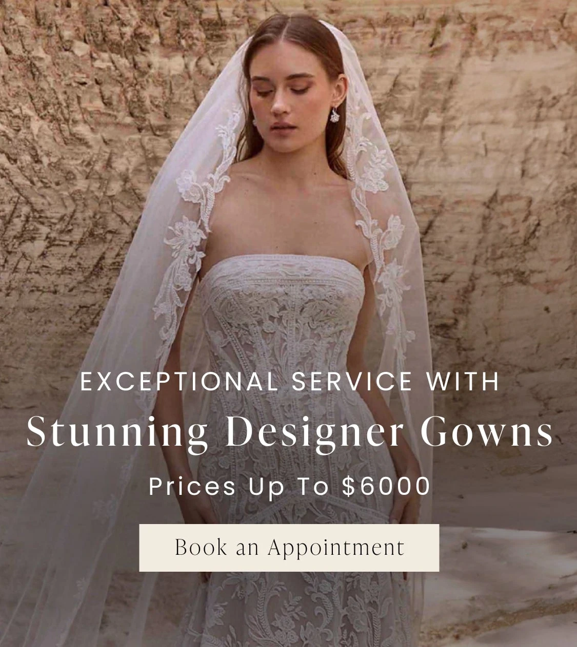 Model wearing La Perle bridal gown, mobile banner