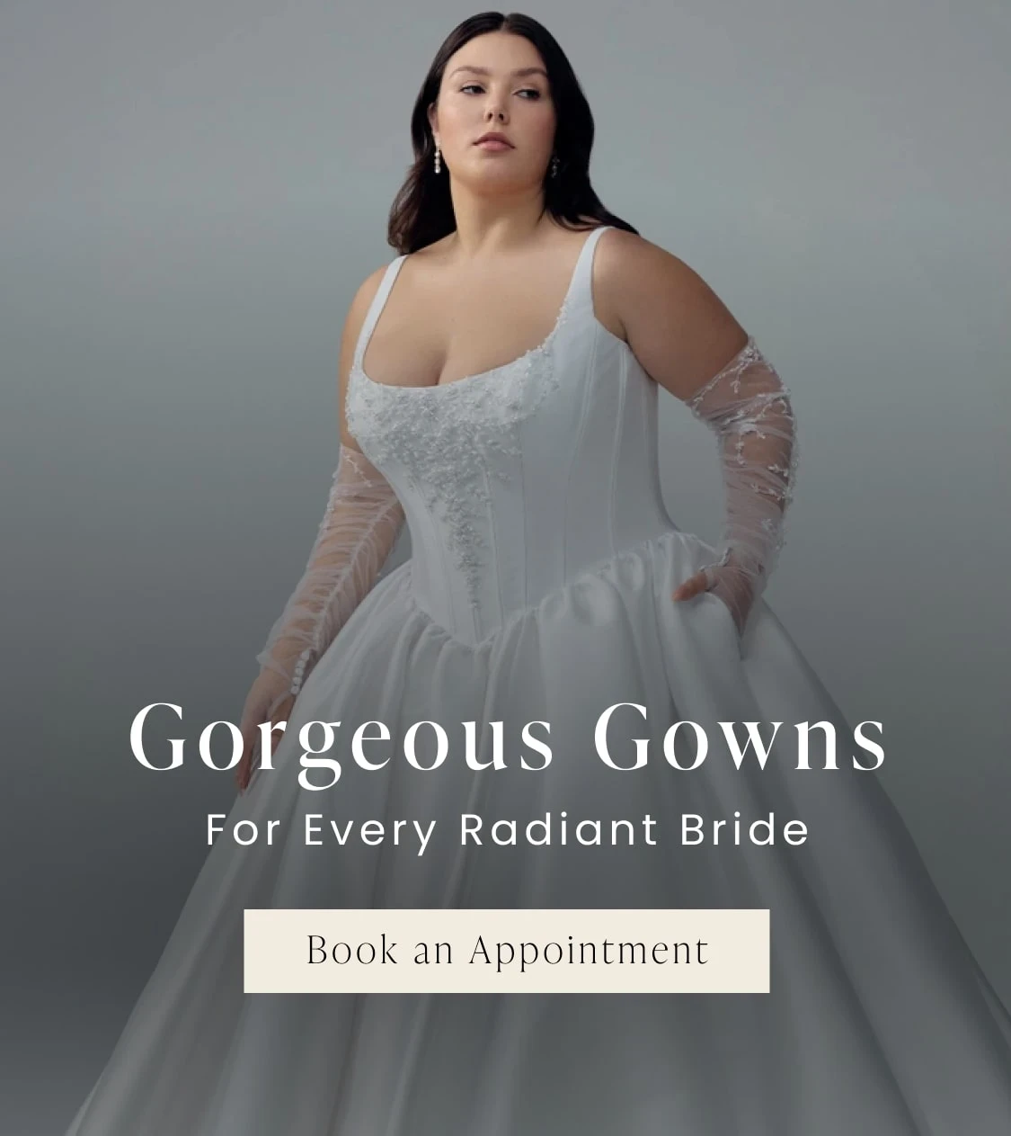 Model wearing Sophia Tolli Bridal gown, moible banner