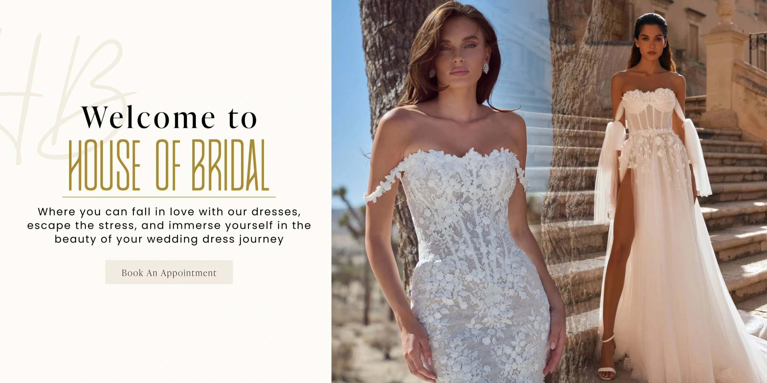 Models wearing Ida Torez and Calla Blanche bridal dresses, Welcome to House of Bridal desktop banner