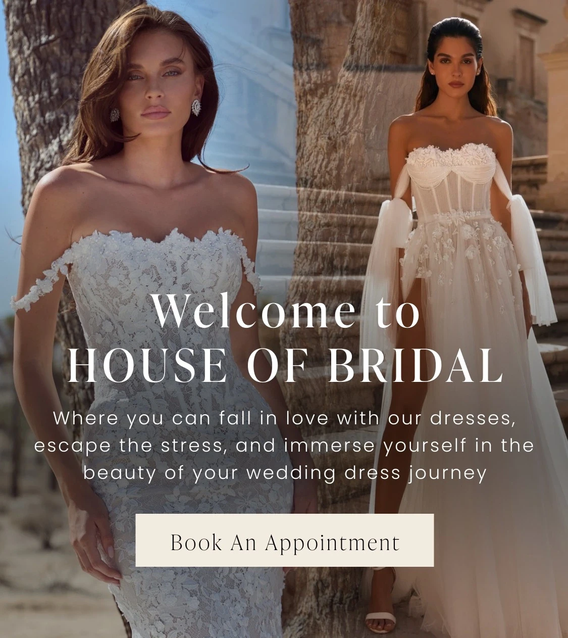 Models wearing Ida Torez and Calla Blanche bridal dresses, Welcome to House of Bridal mobile banner