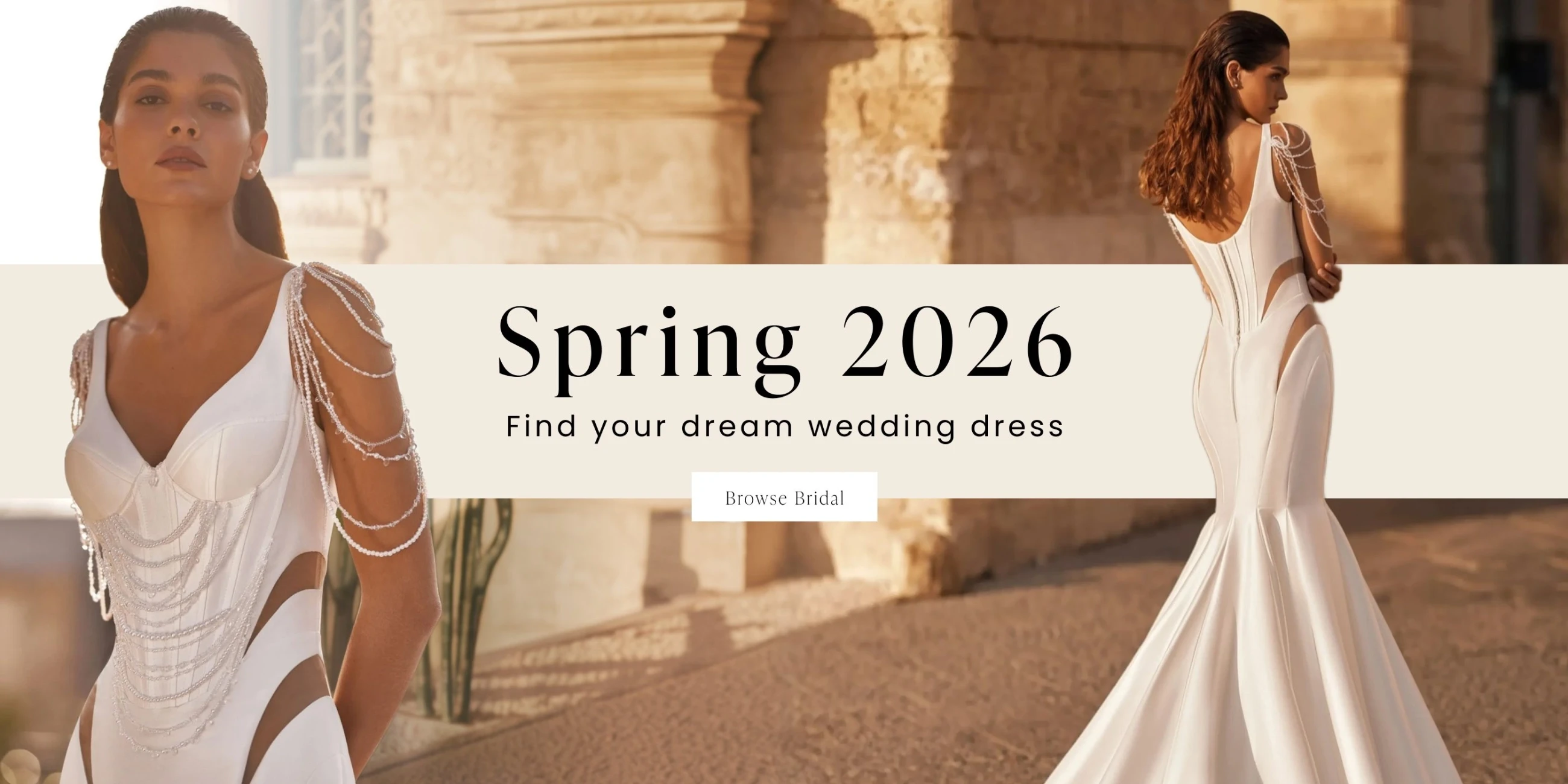 Model wearing Ida Torez 01449 bridal dress, desktop banner