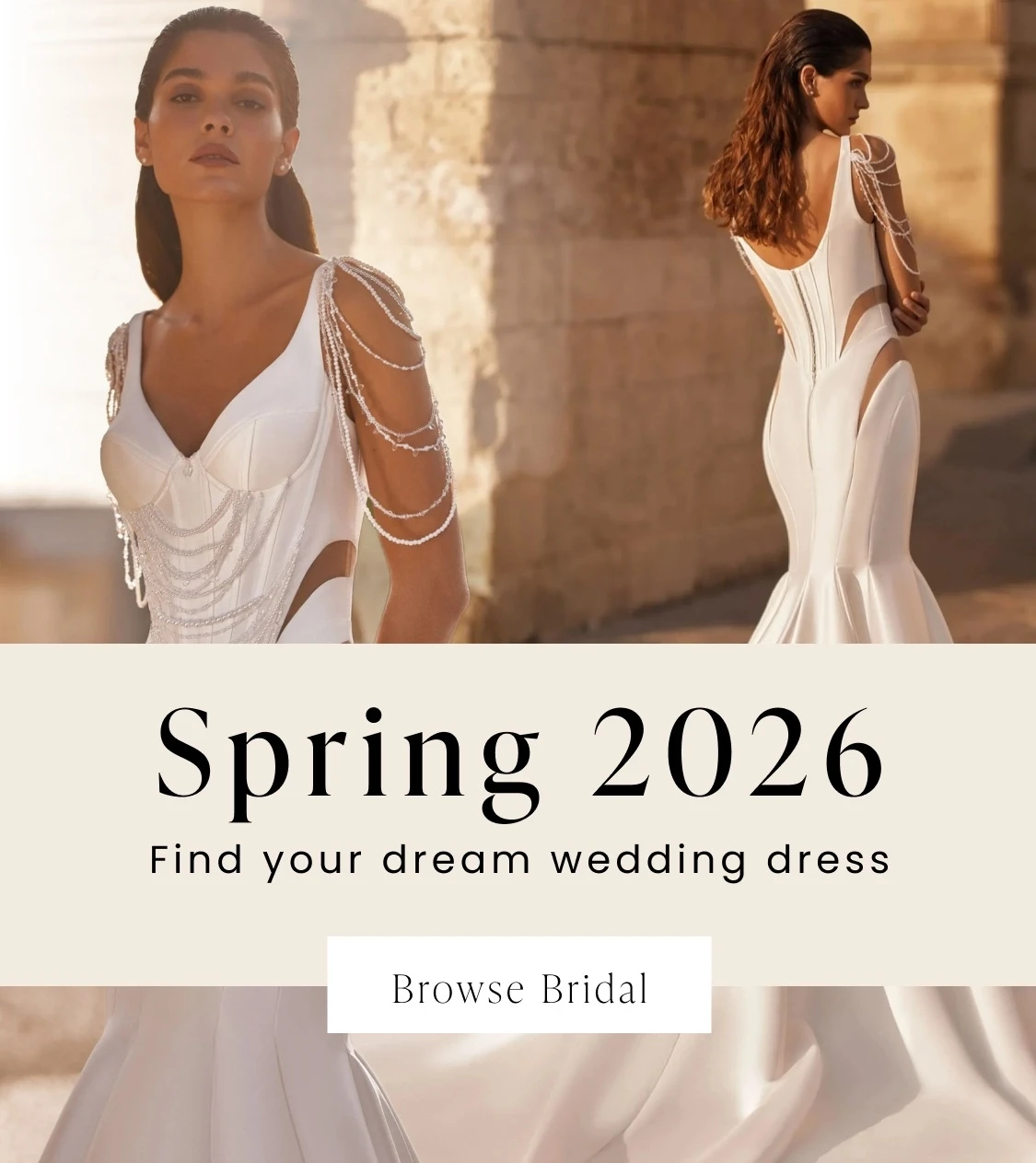 Model wearing Ida Torez 01449 bridal dress, mobile banner