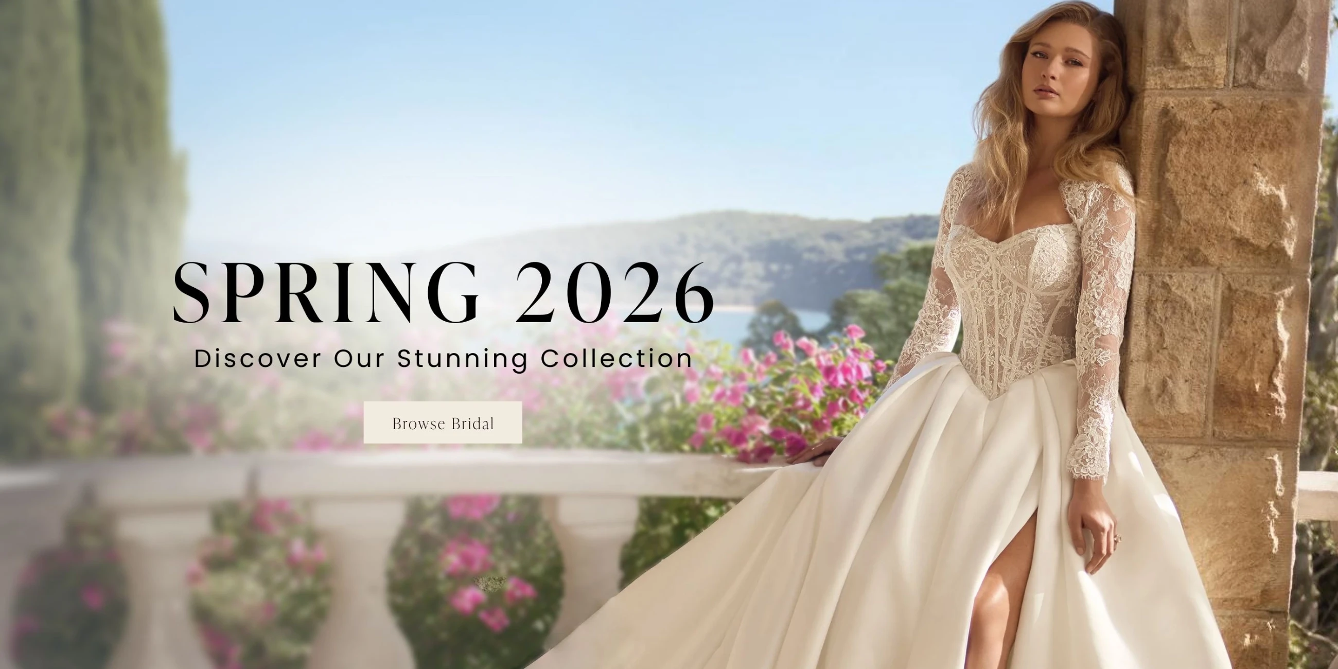 Model wearing Sophia Tolli bridal dress, Spring 2026 desktop banner