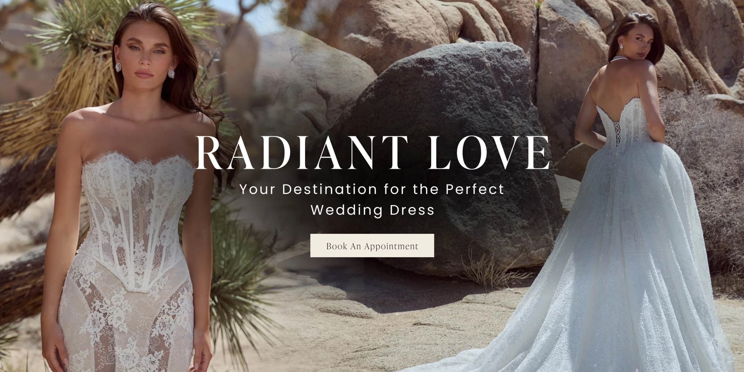 Models wearing Calla Blanche bridal gowns, desktop banner