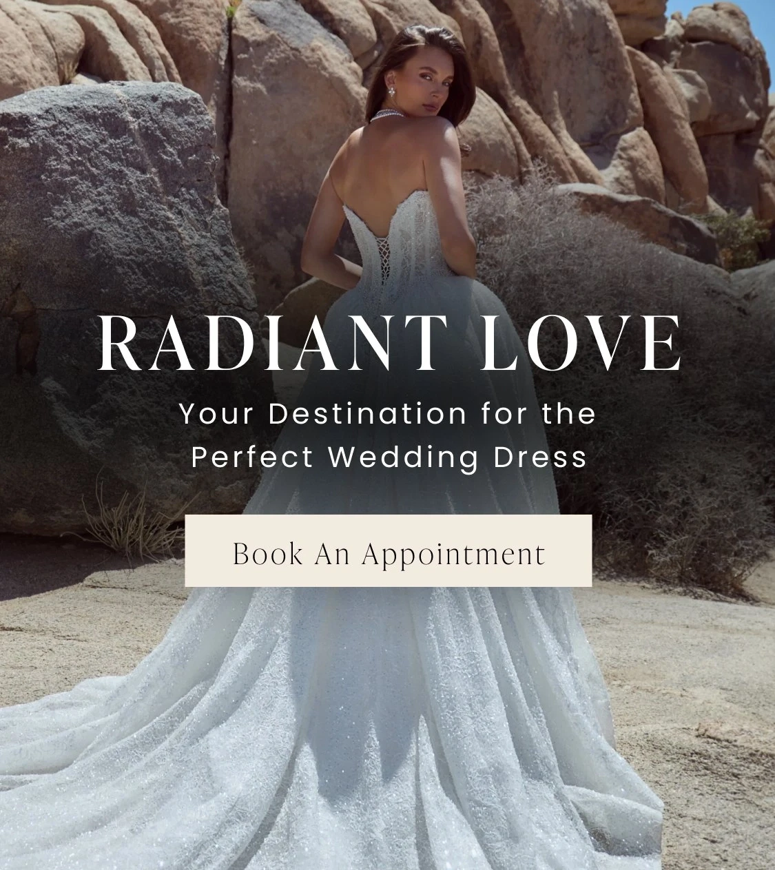 Model wearing Calla Blanche bridal gown, mobile banner