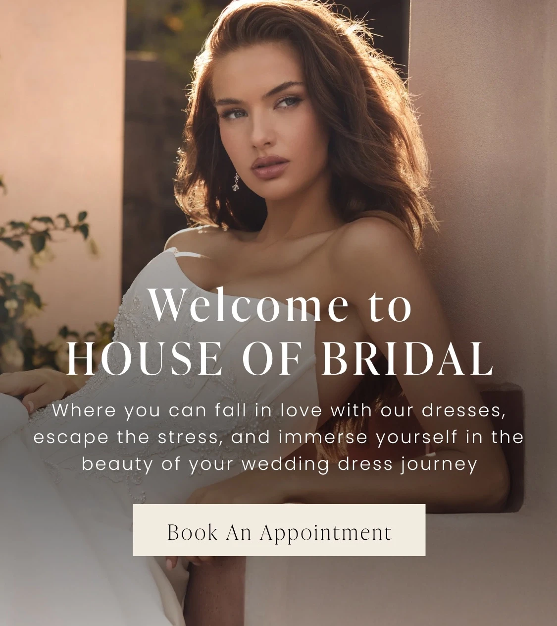 Model wearing Sophia Tolli gown, welcome to house of bridal mobile banner