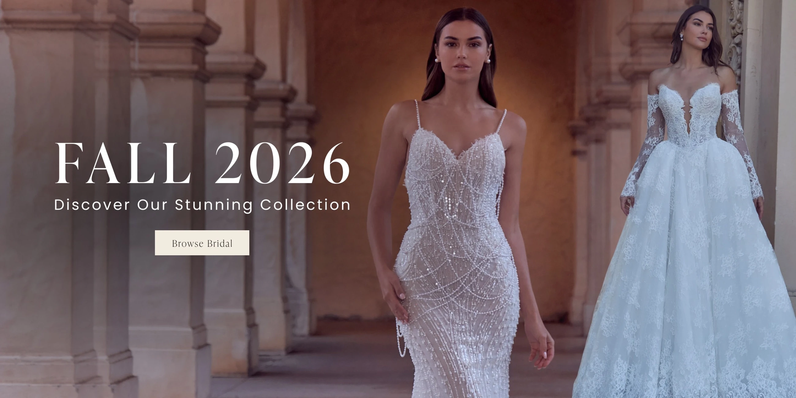 Models wearing Calla Blanche bridal gown, desktop banner