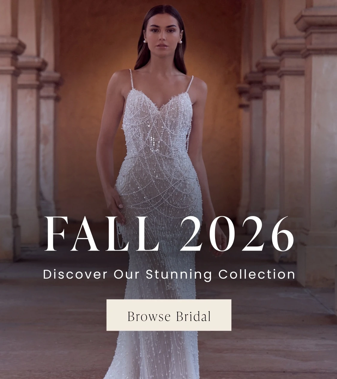 Model wearing Calla Blanche bridal gown, mobile banner