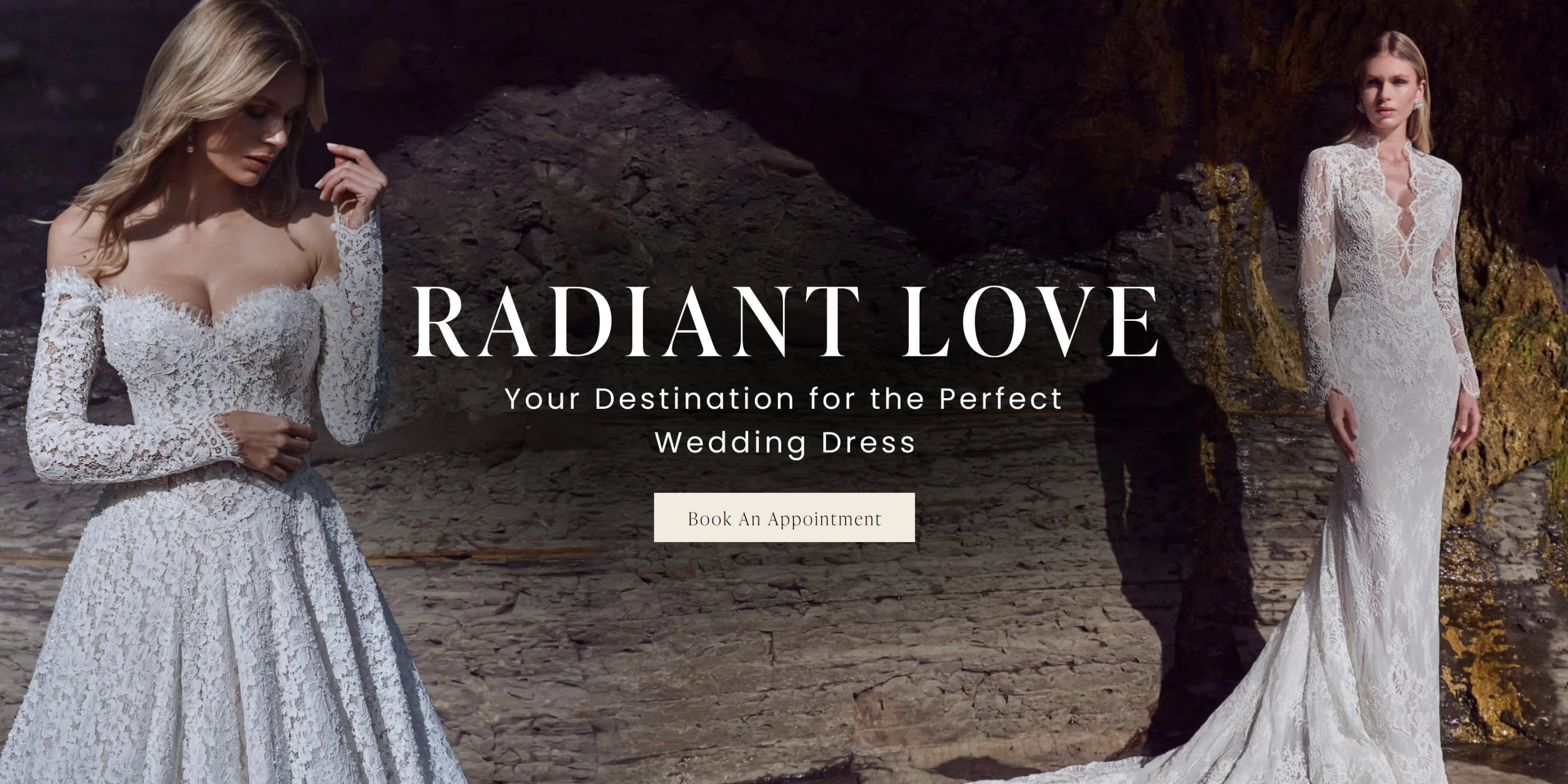 Models wearing Calla Blanche bridal gown, desktop banner