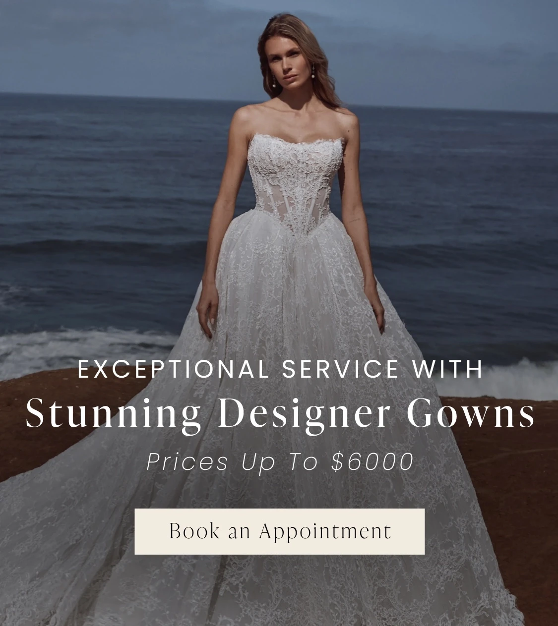 Model wearing Calla blanche bridal gowns, exceptional service with stunning designer gowns mobile banner